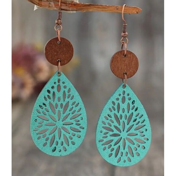 Turquoise Wood & Leather Teardrop Earrings NEW‎ - Picture 1 of 2